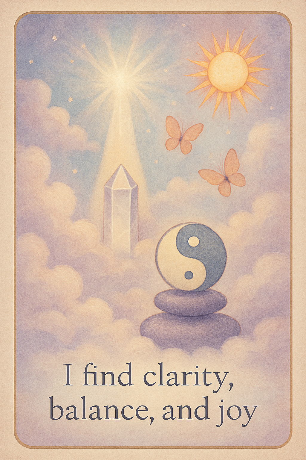 Affirmation card with themes: clarity, balance, joy
