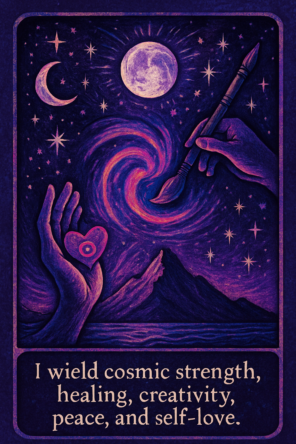 Affirmation card with themes: strength, healing, creativity, peace, self-love