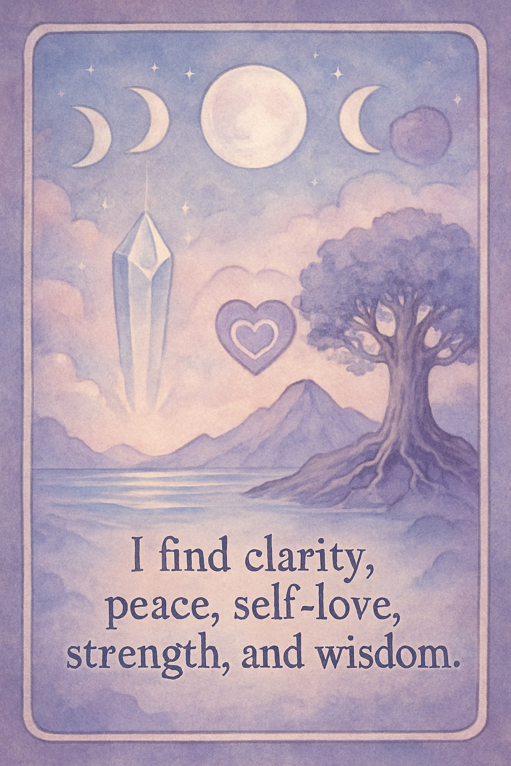 Affirmation card with themes: clarity, peace, self-love, strength, wisdom