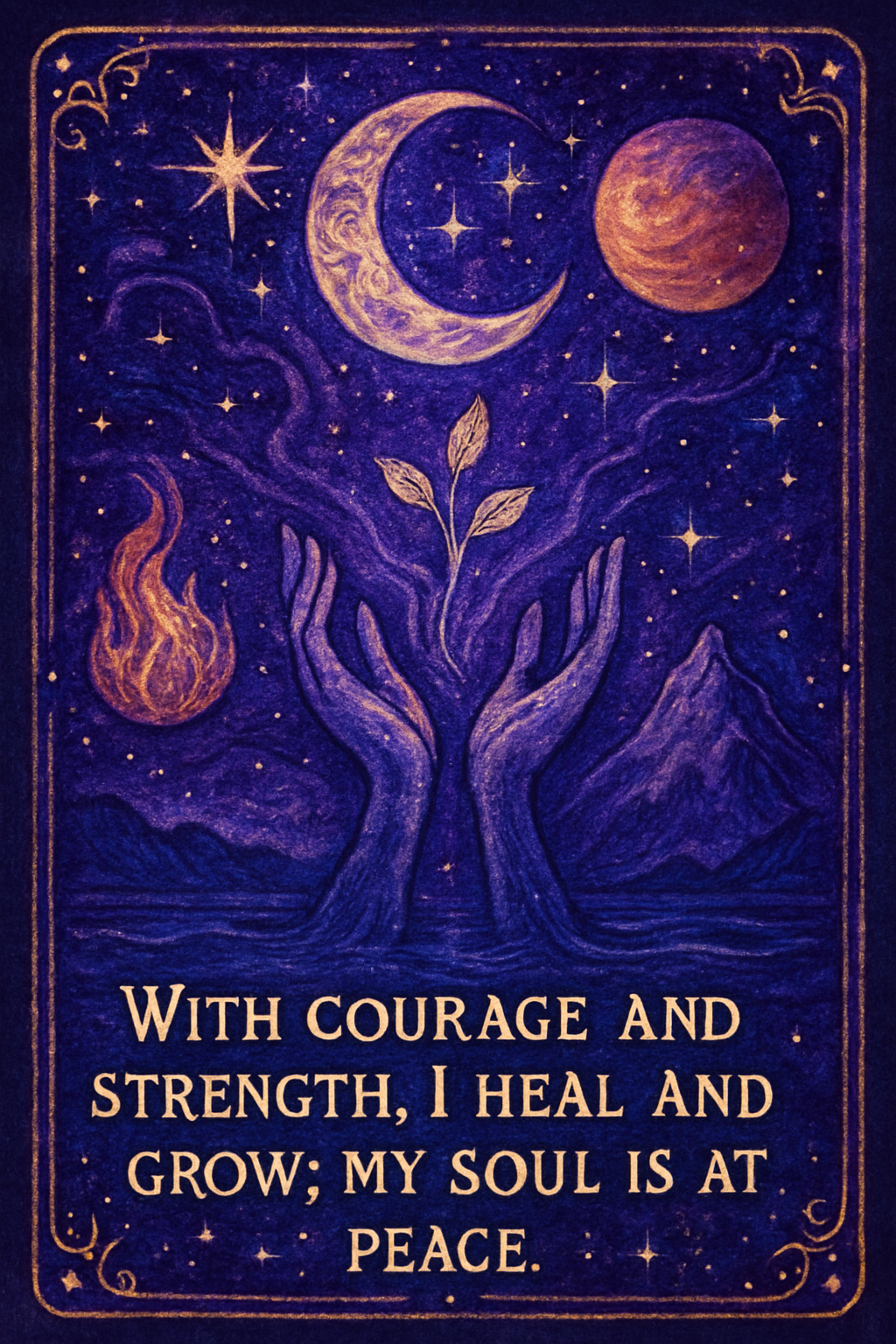 Affirmation card with themes: courage, strength, healing, growth, peace