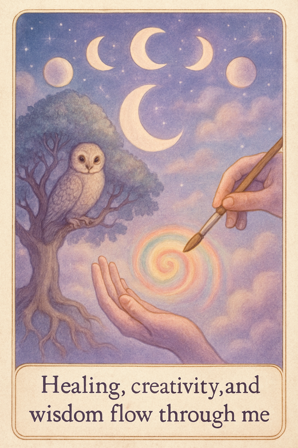 Affirmation card with themes: healing, creativity, wisdom