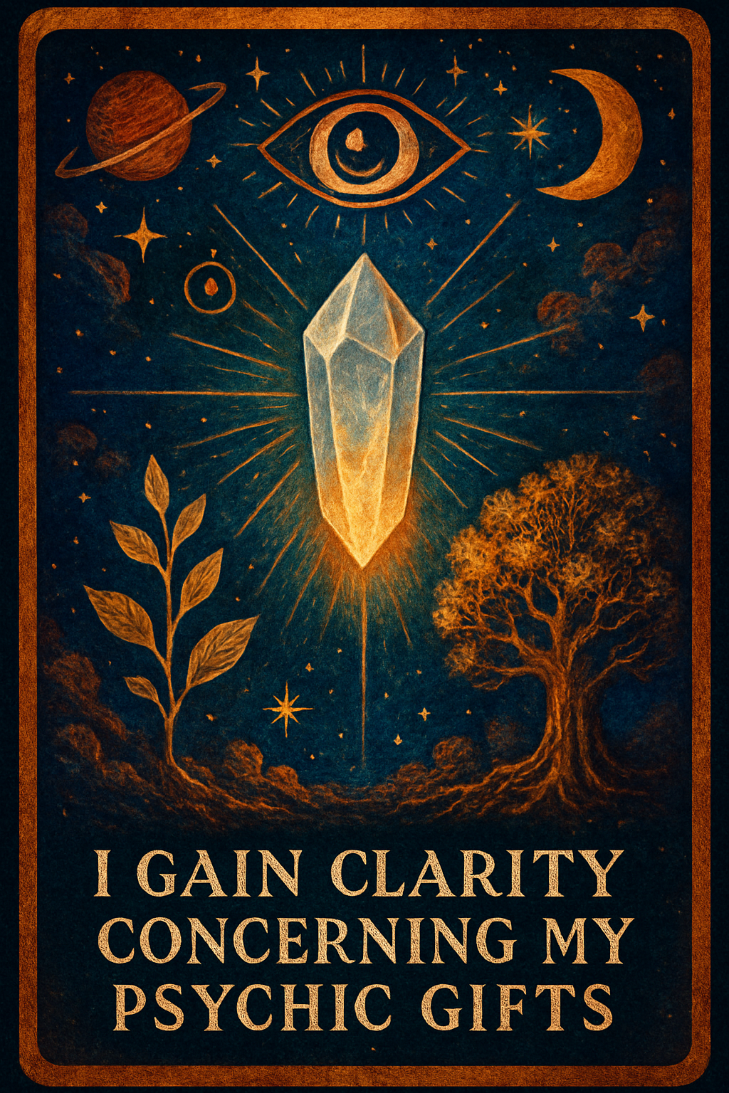 Affirmation card with themes: clarity concerning my psychic gifts, clarity, focus, growth, wisdom