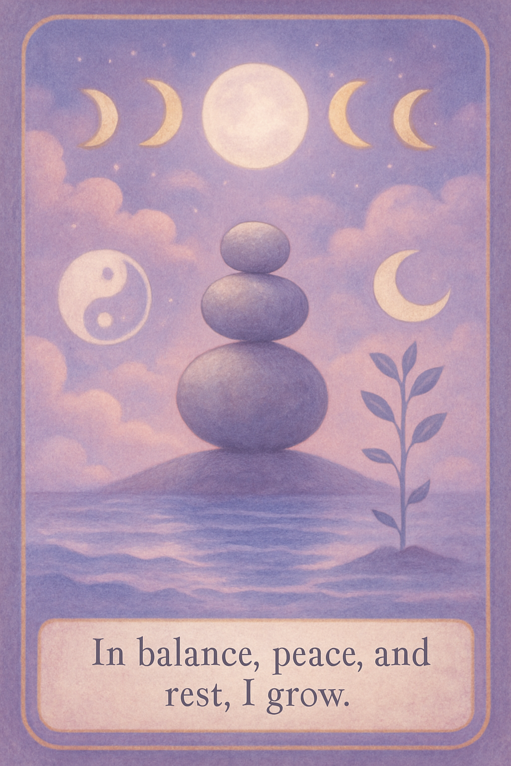 Affirmation card with themes: balance, peace, rest, growth