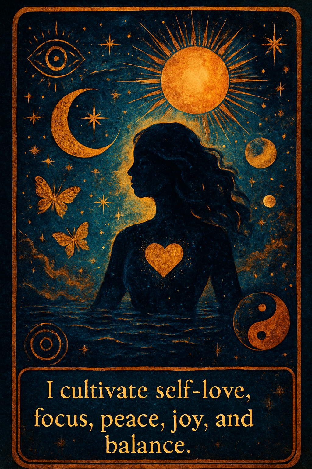 Affirmation card with themes: self-love, focus, peace, joy, balance