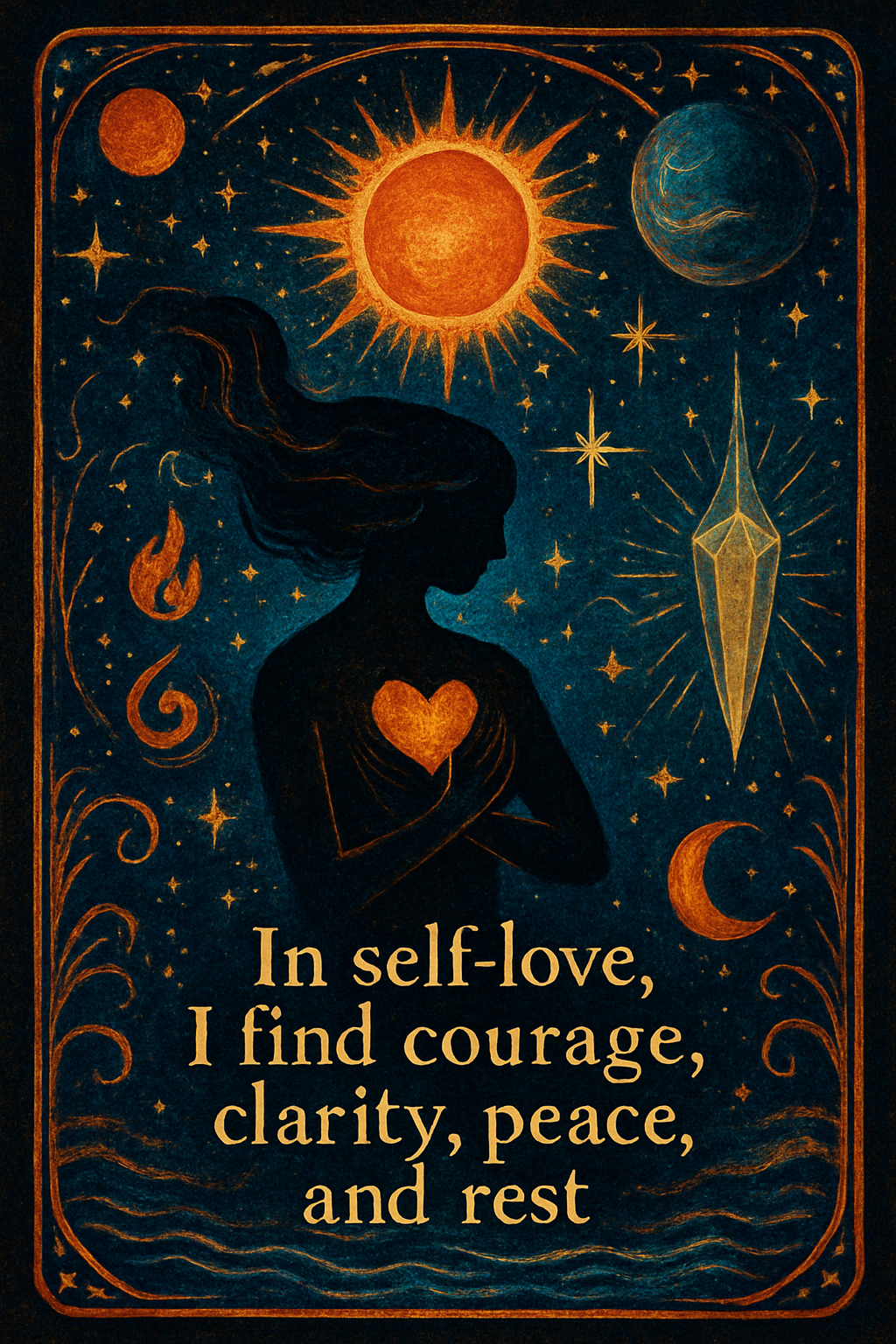 Affirmation card with themes: self-love, courage, clarity, peace, rest