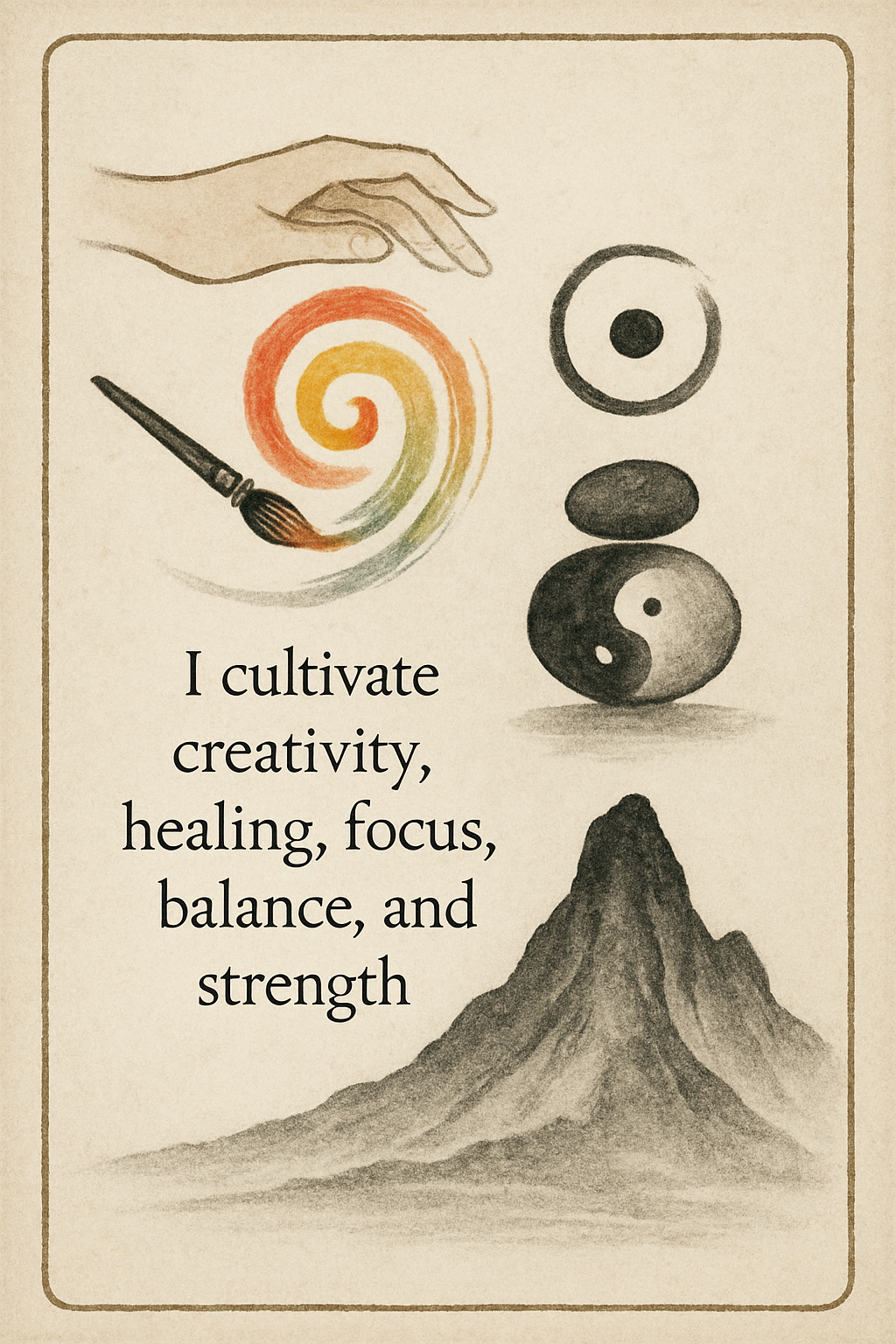 Affirmation card with themes: creativity, healing, focus, balance, strength