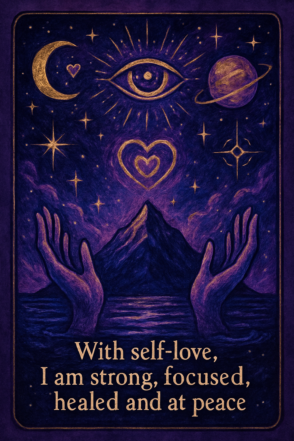 Affirmation card with themes: self-love, strength, focus, healing, peace