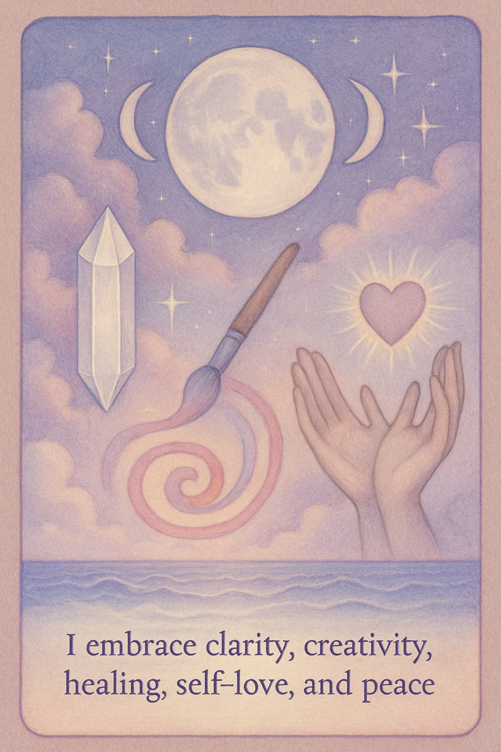 Affirmation card with themes: clarity, creativity, healing, self-love, peace