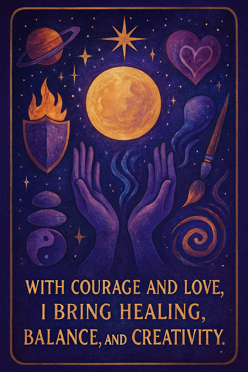 Affirmation card with themes: courage, self-love, healing, balance, creativity
