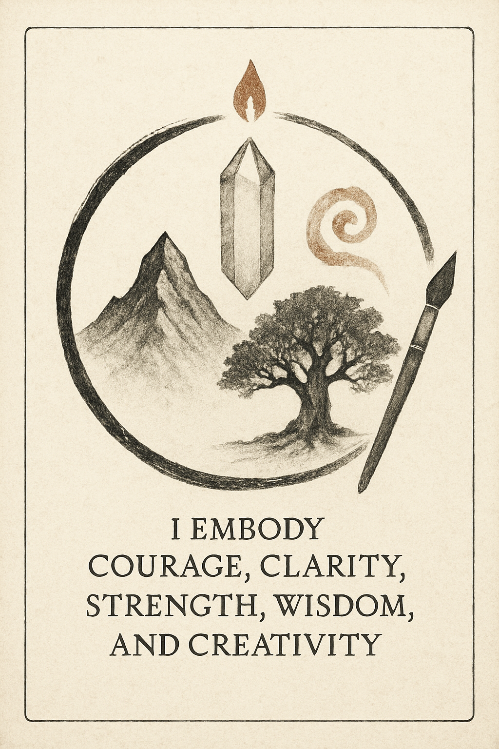 Affirmation card with themes: courage, clarity, strength, wisdom, creativity