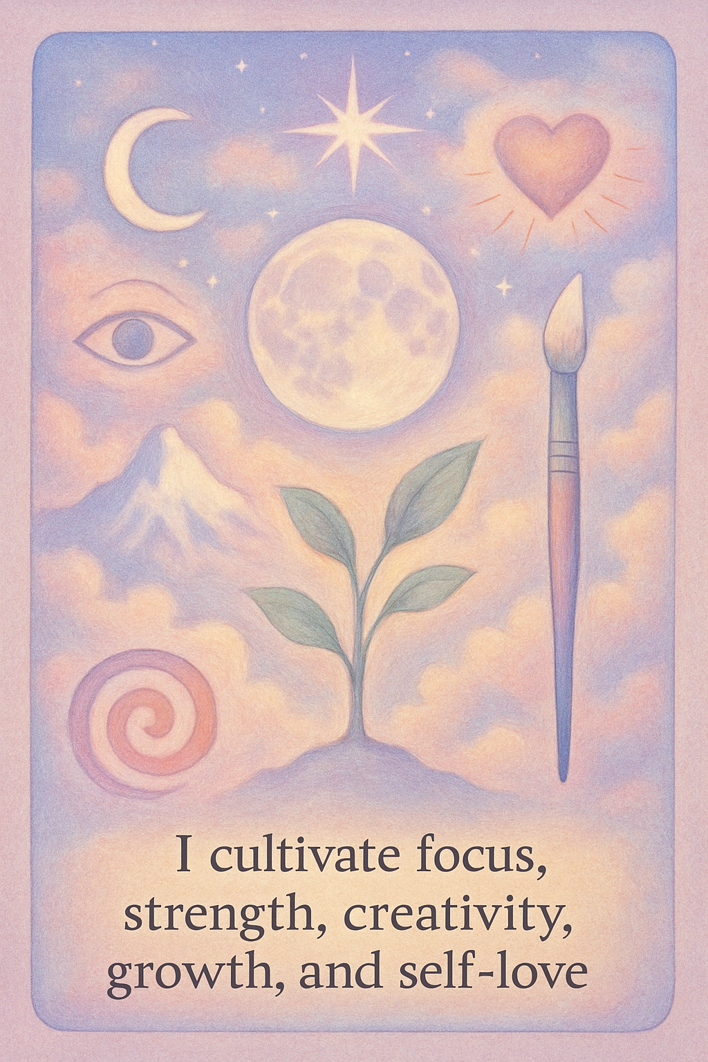 Affirmation card with themes: focus, strength, creativity, growth, self-love